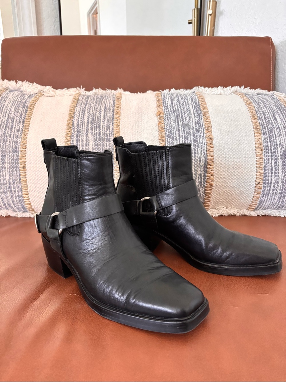 Black Leather Ankle Boots with Buckle Strap - women